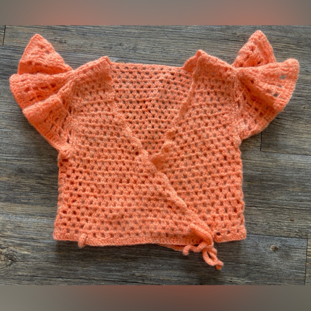 VTG Handmade Crochet Wrap Top Sherbet Coral Orange Girls Size 5 - 7 Cottagecore